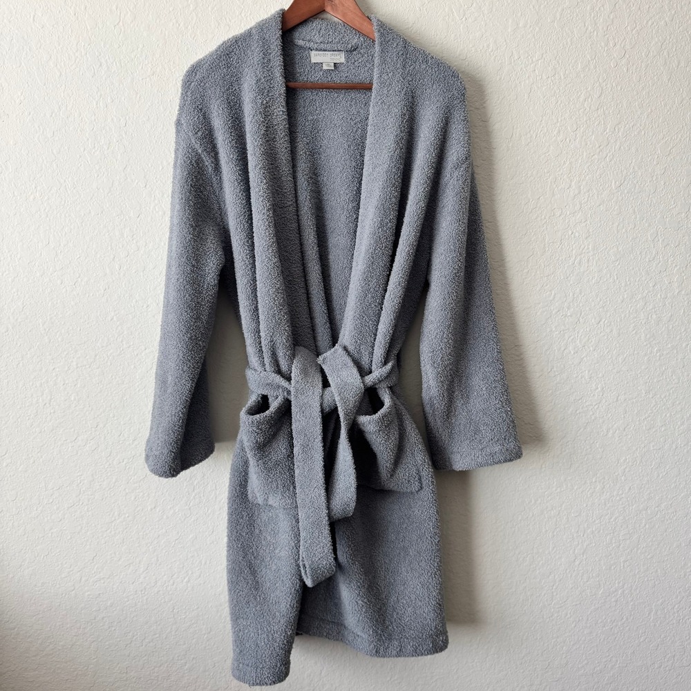 Barefoot Dreams CozyChic Womens L/XL Robe Slate Blue Gray Plush Belted Pockets